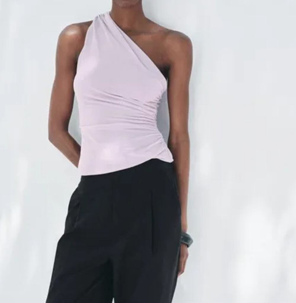 Zara Light Lavender Lilac Purple One Shoulder Ruched Mesh Blouse Women's Large